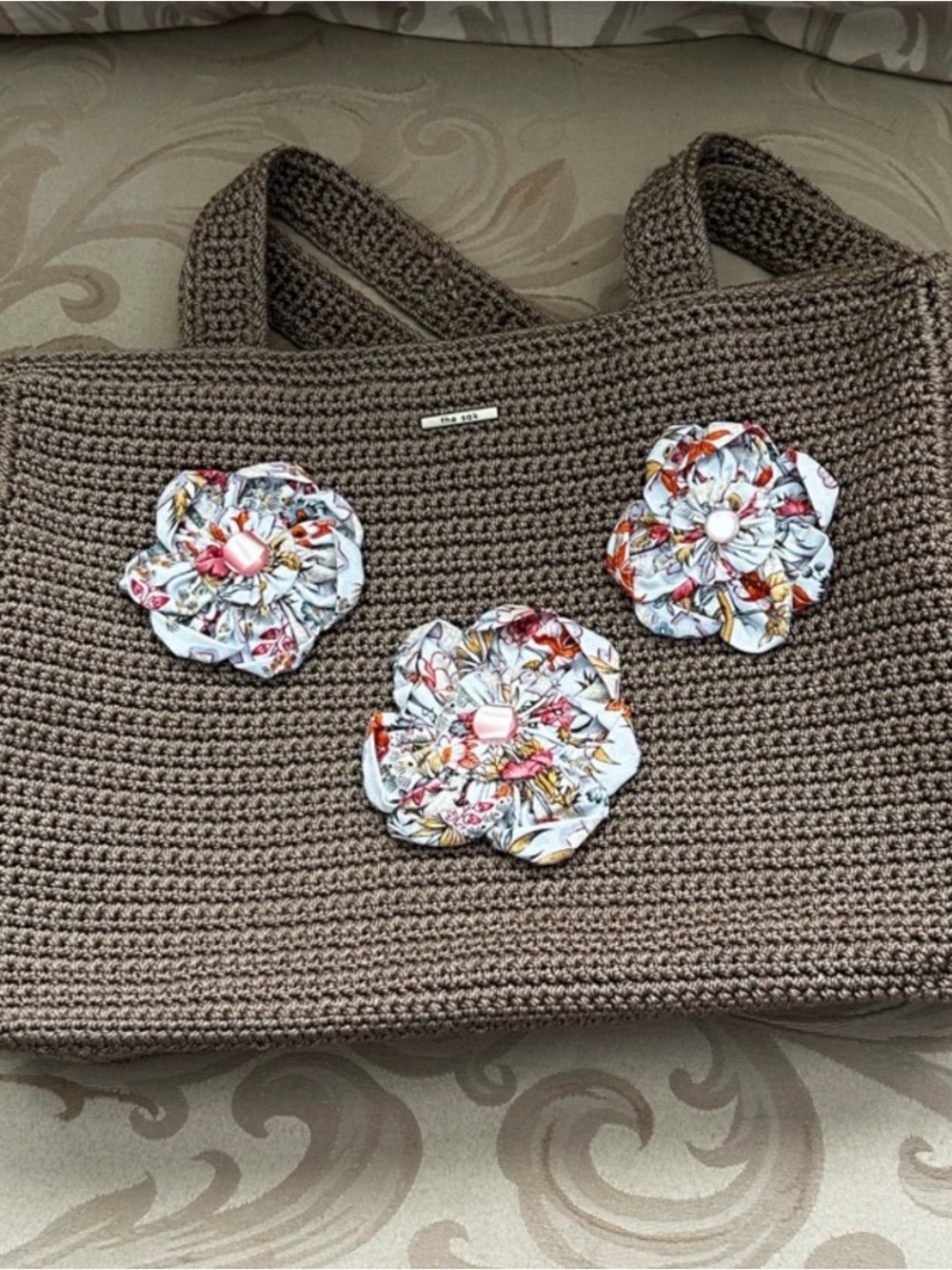 The Sak Crochet Flower Tote Bag - Brown with Floral Accents